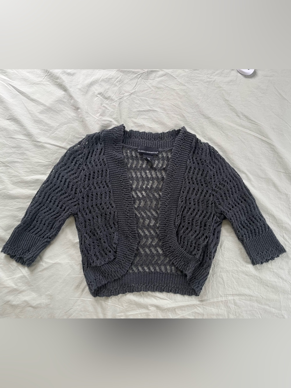 Isabella Rodriguez Open-Knit Muted Green/Grey Cropped Cardigan